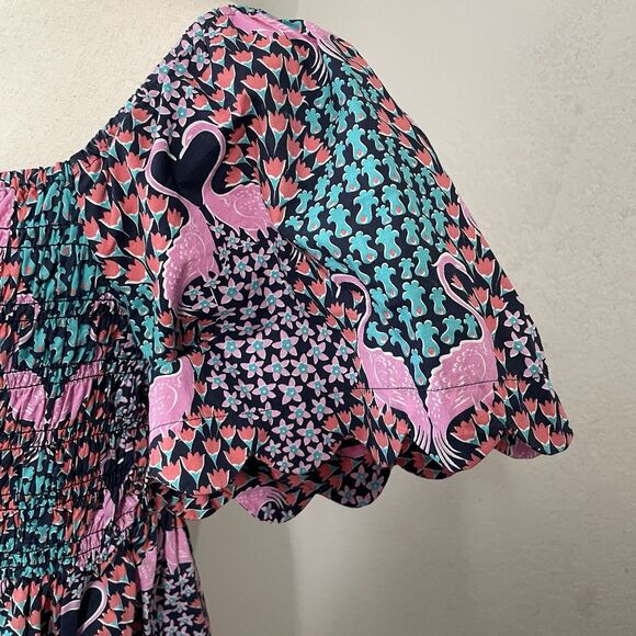 Simply Southern Smocked Dress Womens Large Pink Flamingos Floral Puff Sleeve - Picture 4 of 9